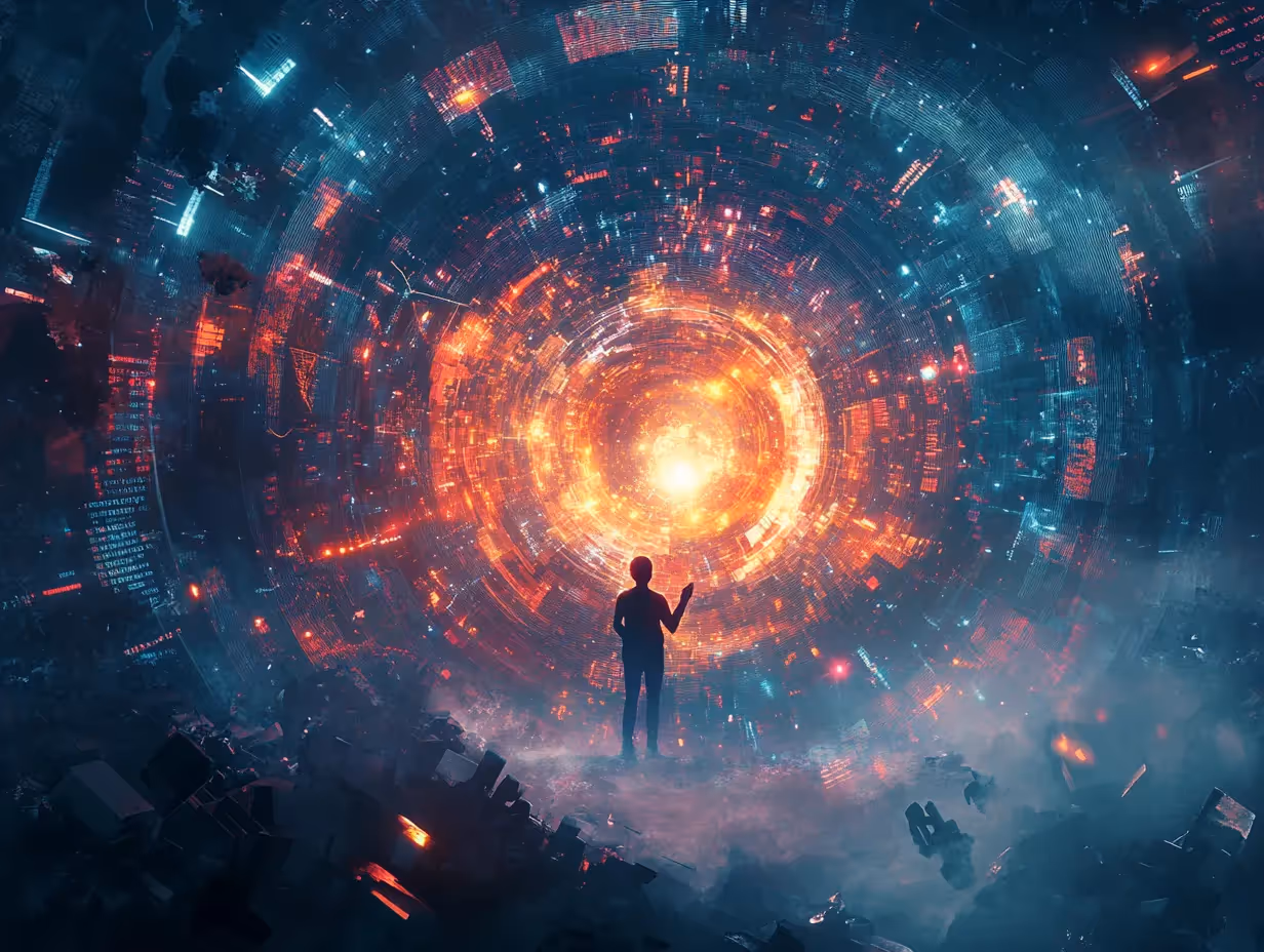 a chaotic, swirling storm of data--numbers, charts, and fragmented code--hovering in a dark space. At the center of the chaos, a calm, glowing figure is holding up a futuristic prism that organizes and filters the storm into clean, geometric shapes, symbolizing order and clarity. The figure represents data observability, calmly managing and structuring the data for AI. Around the figure, faint outlines of robotic hands and machines emerge from the dark, receiving the clean, organized data streams from the prism. The color palette should use contrasts of dark, moody hues (blacks, deep purples) with sharp neon accents (electric blues, bright oranges, and greens) for the data, creating a sense of harmony emerging from chaos.