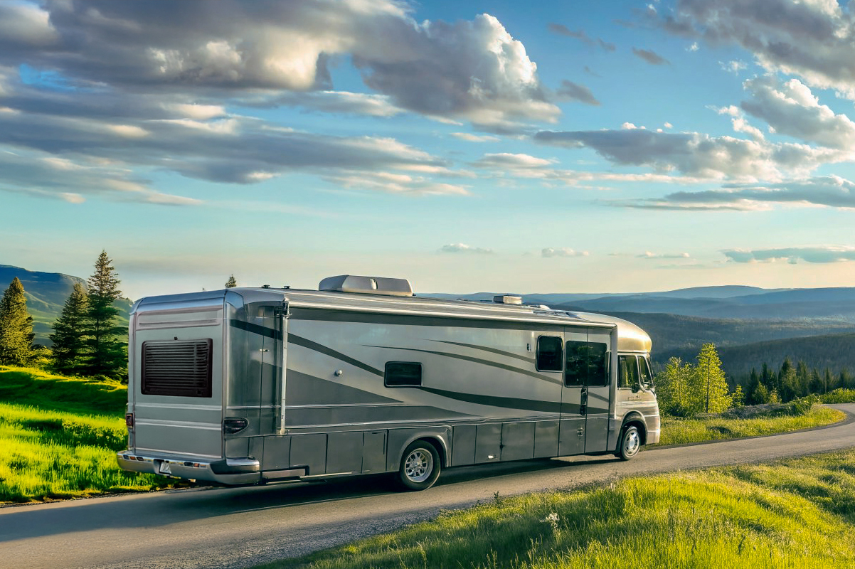 Autocaravane argentée roulant sur une route en campagne avec collines et arbres sous un ciel partiellement nuageux.