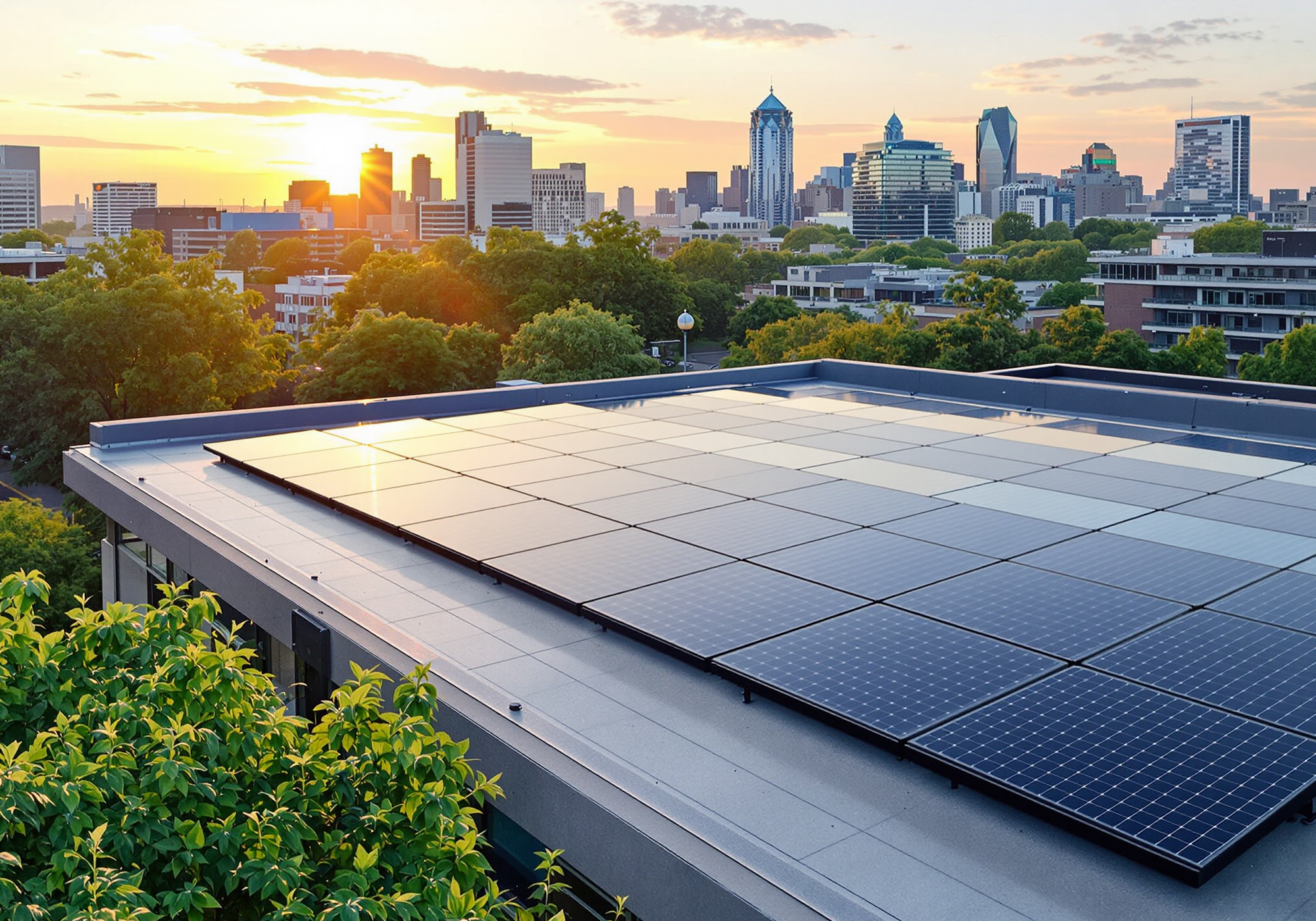 Panneaux solaires installés sur un toit plat avec un coucher de soleil sur un panorama urbain en arrière-plan.