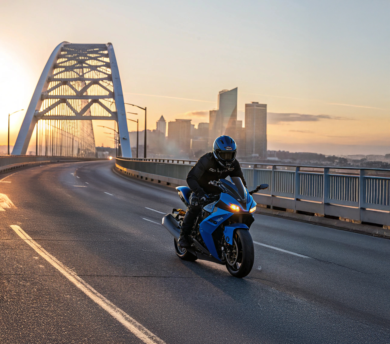 Motard en tenue noire roulant sur une moto sportive bleue sur un pont au coucher du soleil avec une ville en arrière-plan.