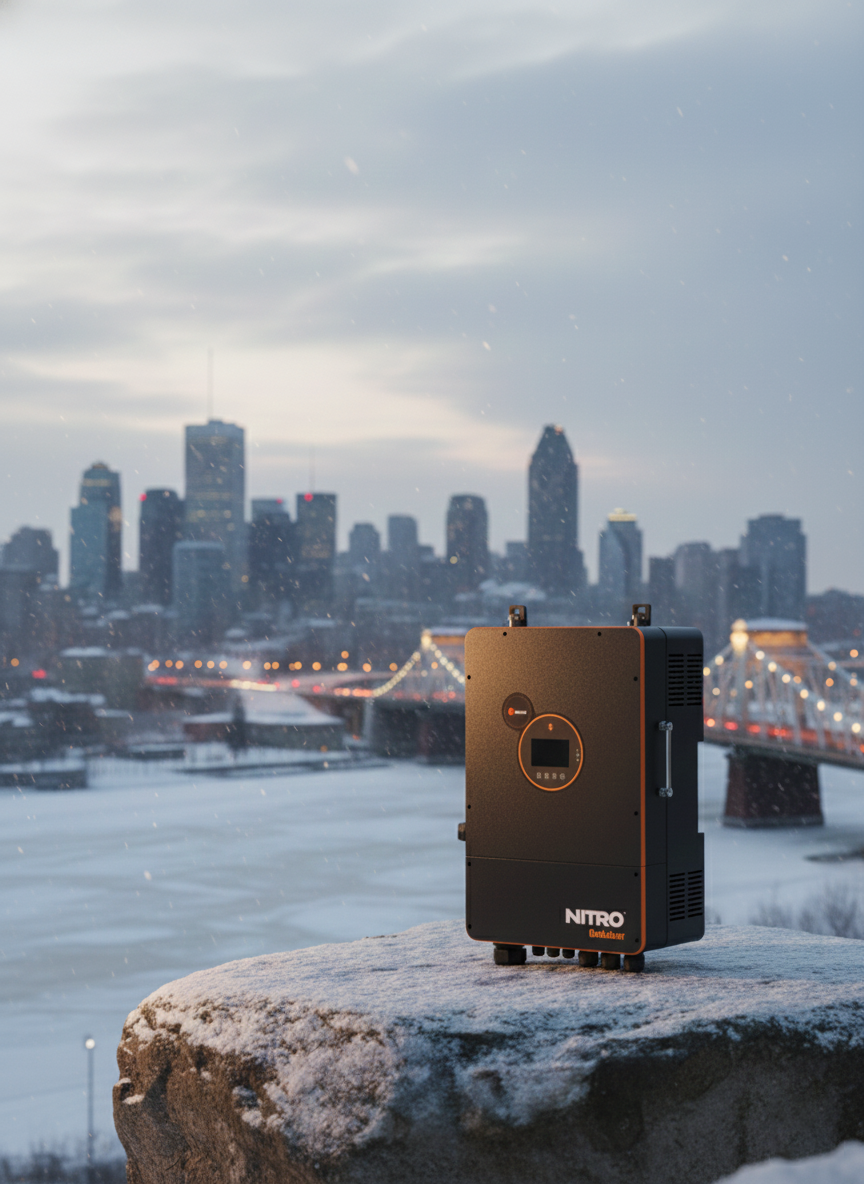 Onduleur noir Nitro posé sur une surface enneigée avec une ville et un pont illuminé en arrière-plan sous un ciel nuageux.