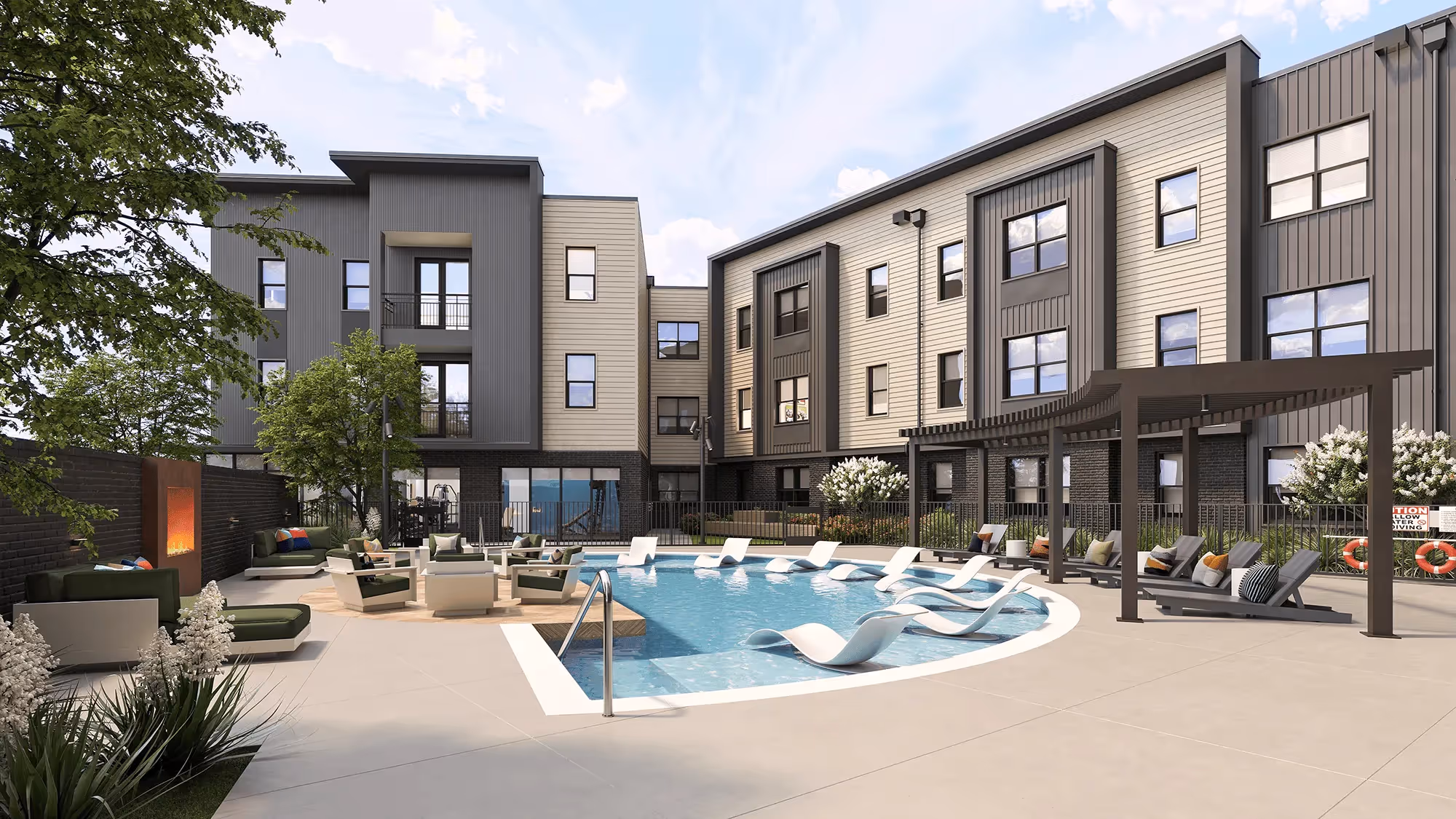 Resort-style swimming pool and outdoor lounge area with fire pits at Global College Station, College Station, TX, ideal for student relaxation.