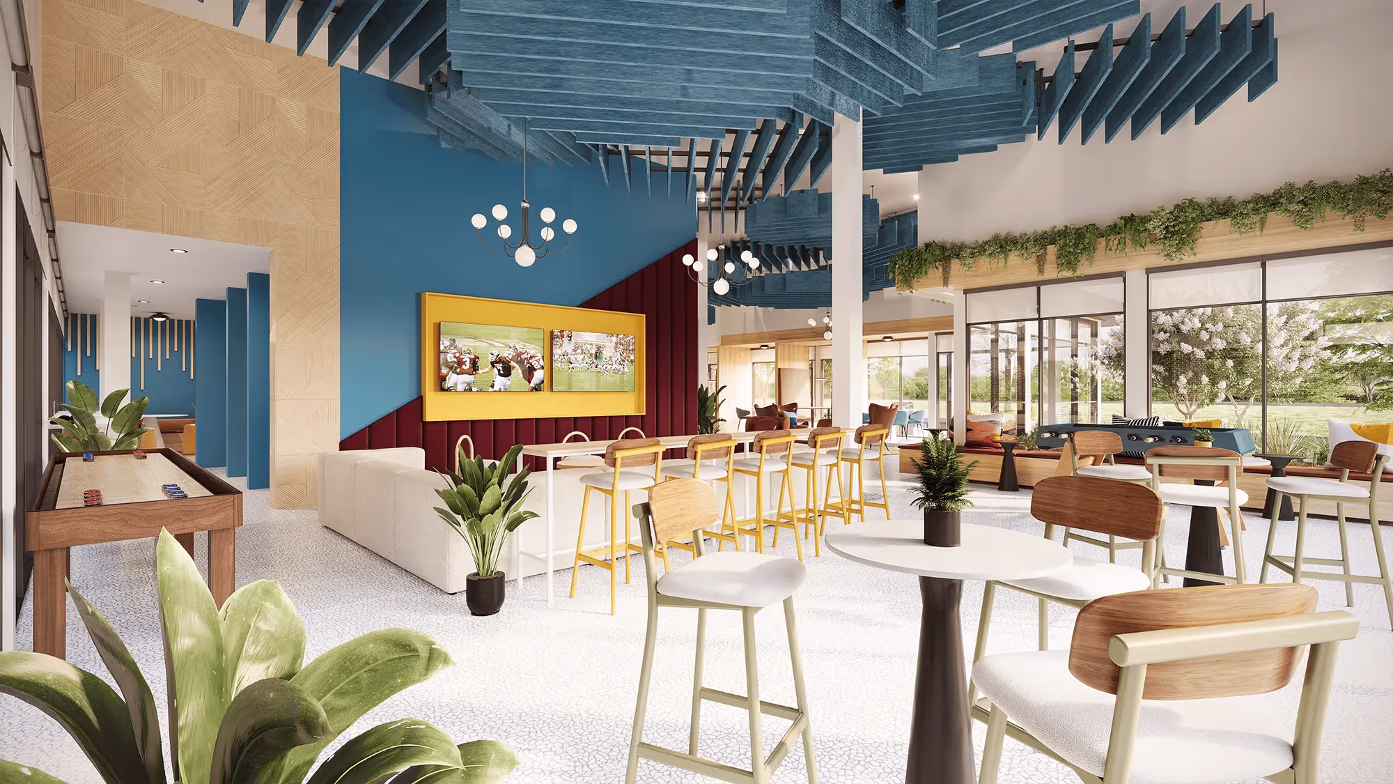 Dynamic communal space at Global College Station, College Station, TX, featuring a shuffleboard table, bar seating, lounge areas, and multiple TVs for student gatherings.
