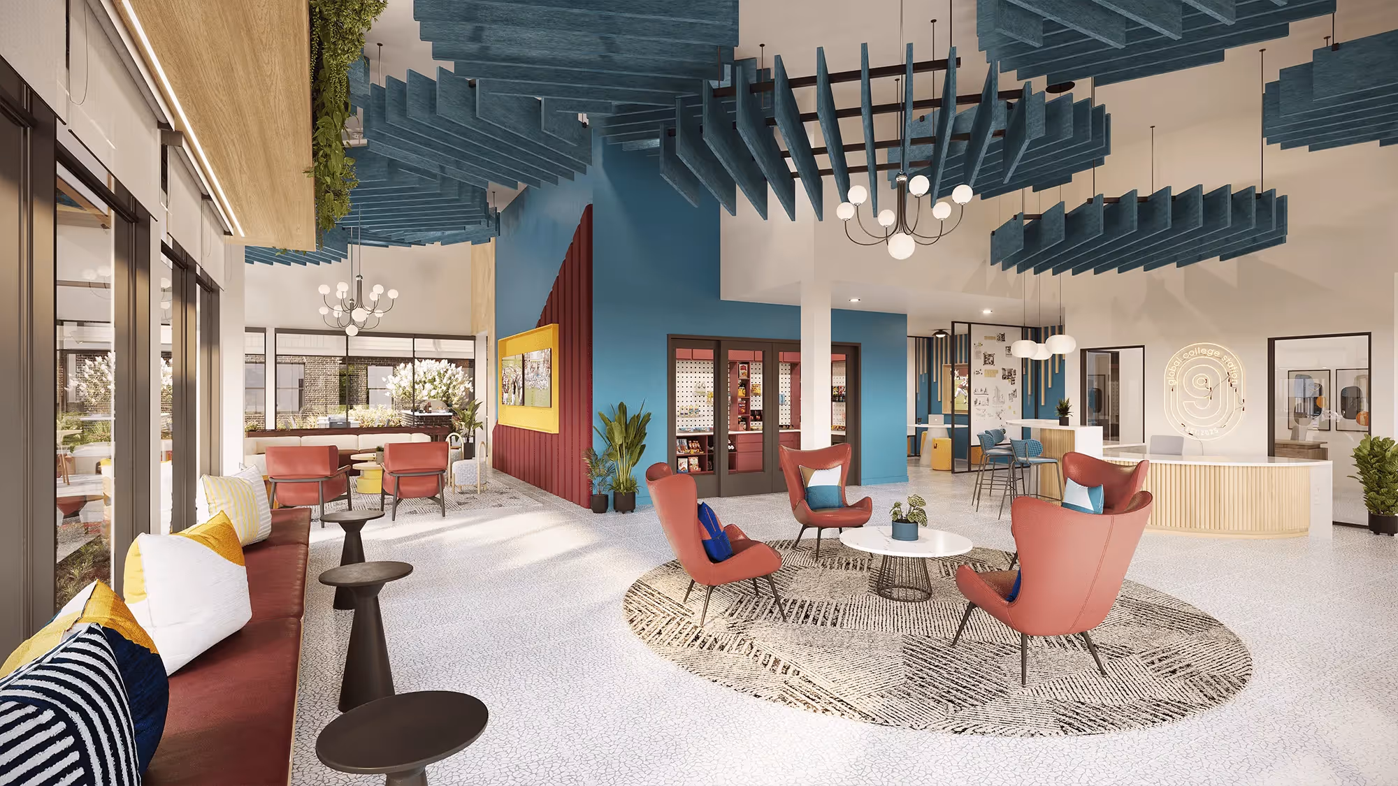 Vibrant and modern lobby lounge at Global College Station, College Station, TX, with diverse seating areas, a reception desk, and unique ceiling design.
