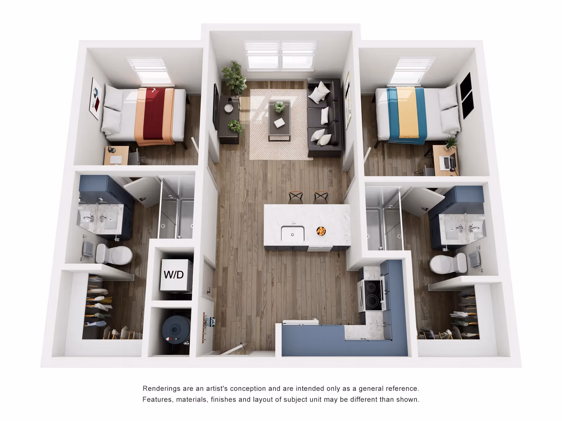 Floor plan of a furnished 2-bedroom, 2-bathroom apartment, B1, at Global College Station in College Station, TX, perfect for student co-living.
