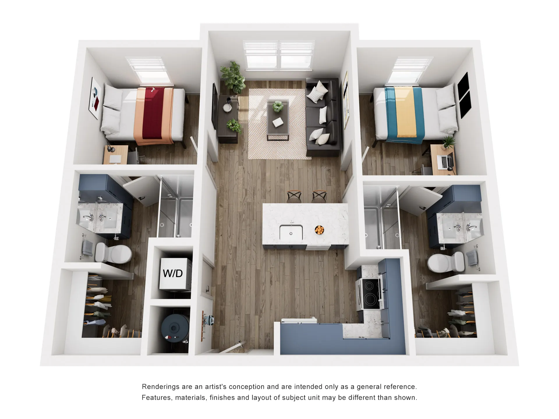 Floor plan of a furnished 2-bedroom, 2-bathroom apartment, B1, at Global College Station in College Station, TX, perfect for student co-living.