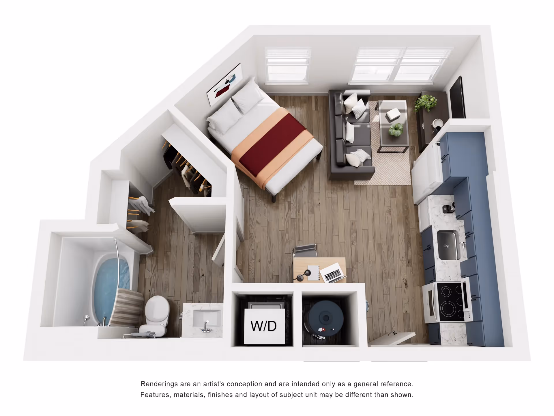 Floor plan of a furnished studio apartment, A1, at Global College Station in College Station, TX, showing a bedroom, kitchen, and laundry.