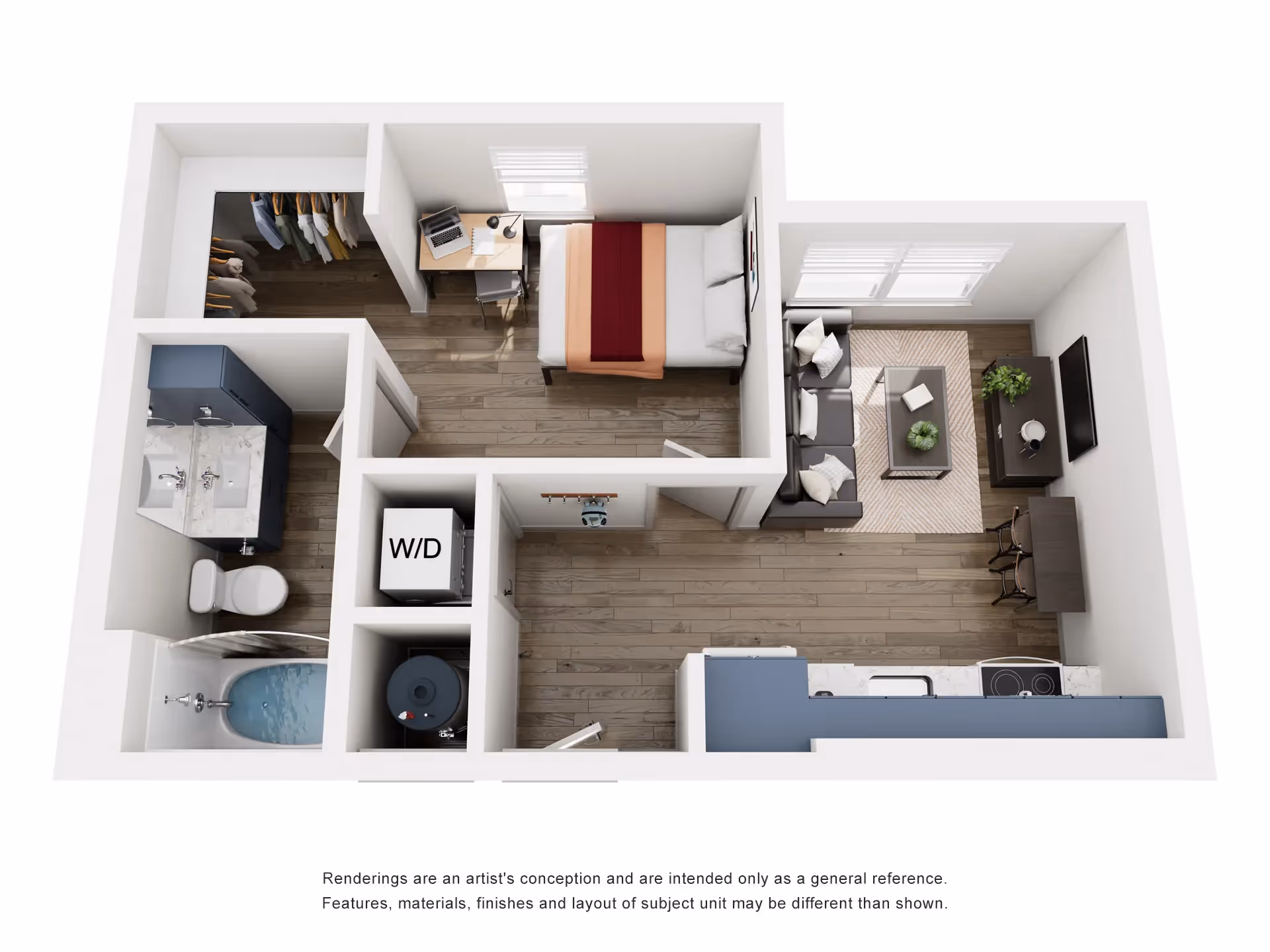 Floor plan of a furnished studio apartment, A3, at Global College Station in College Station, TX, featuring a bedroom, study area, and bathroom.