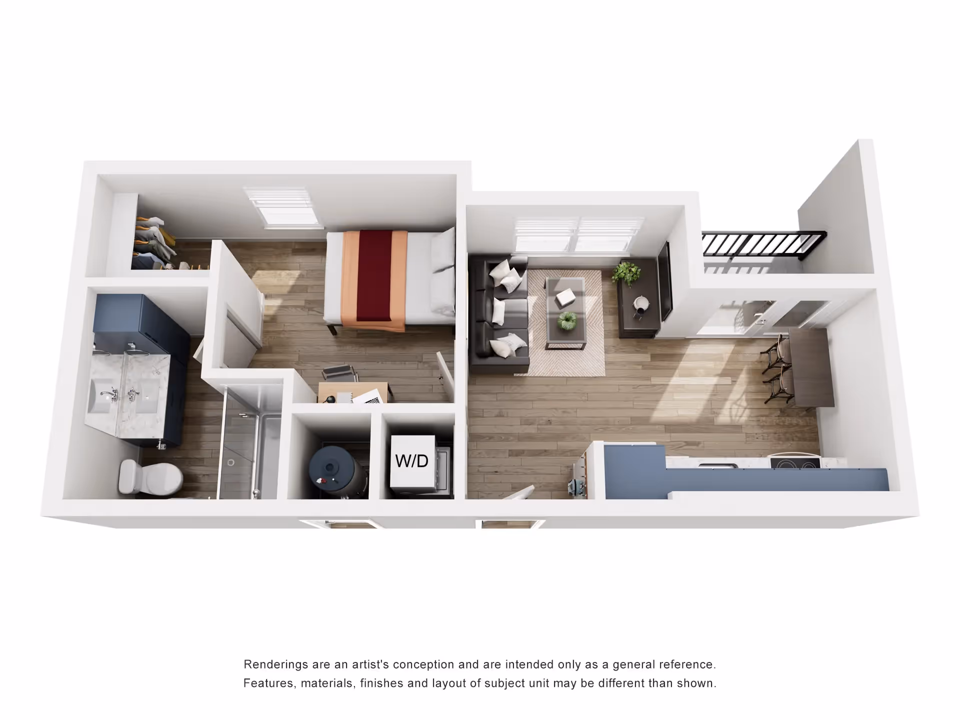 Floor plan of a furnished studio apartment, A4, at Global College Station in College Station, TX, featuring a compact kitchen and living area.