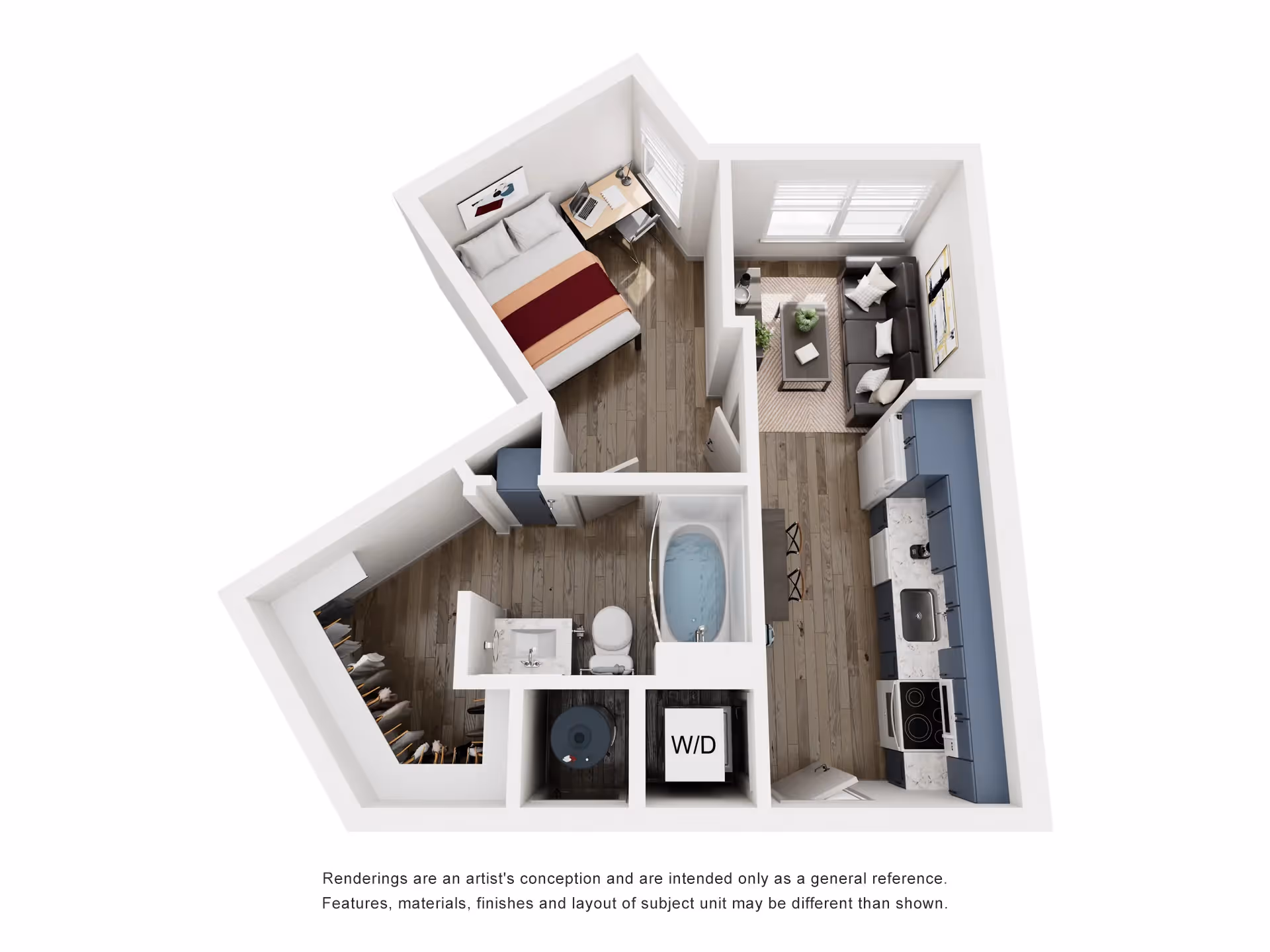 Floor plan of a furnished studio apartment, A5, at Global College Station in College Station, TX, with an integrated laundry area.