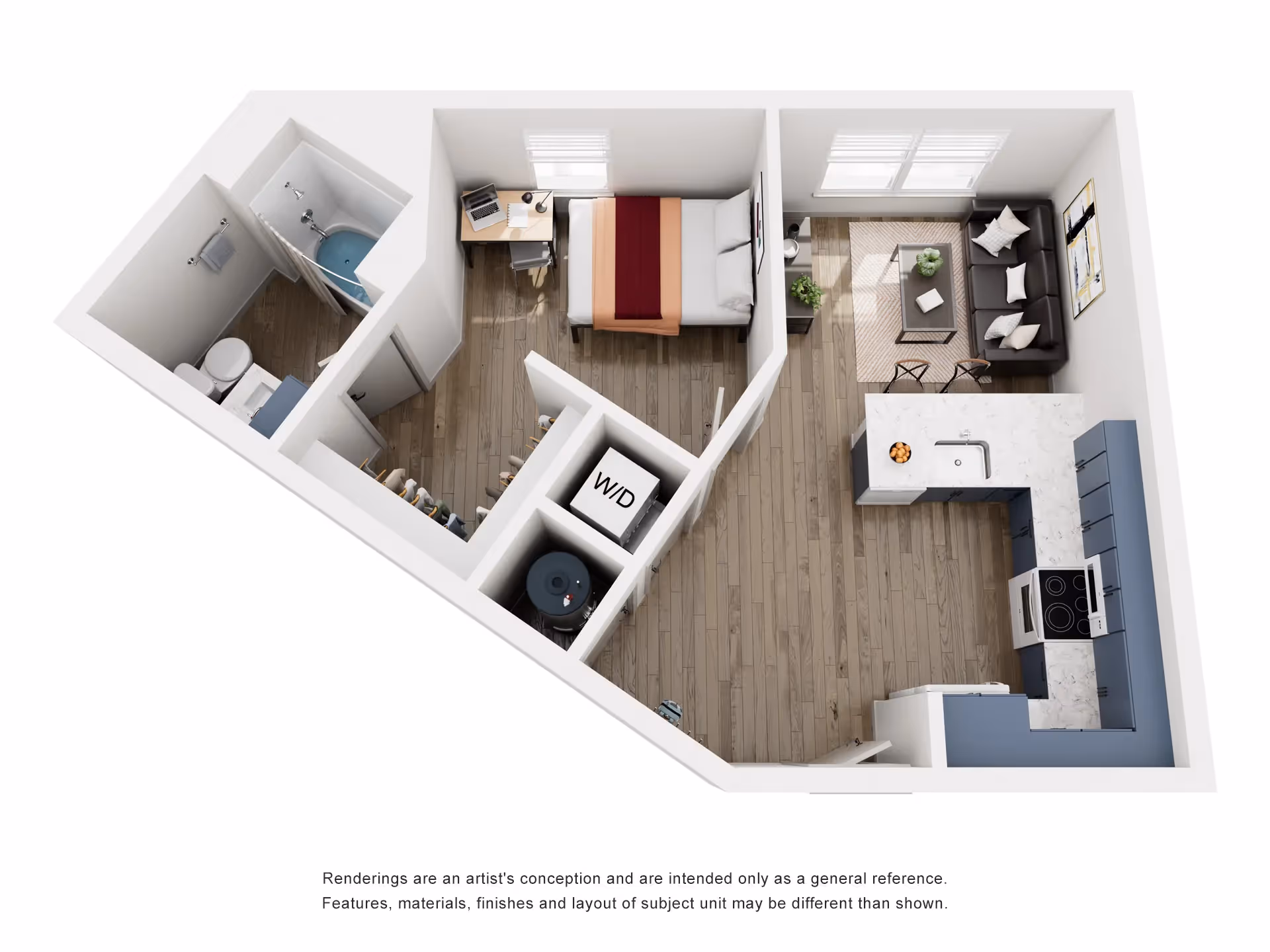 Floor plan of a furnished studio apartment, A6, at Global College Station in College Station, TX, showing a bedroom, bathroom, and open living space.