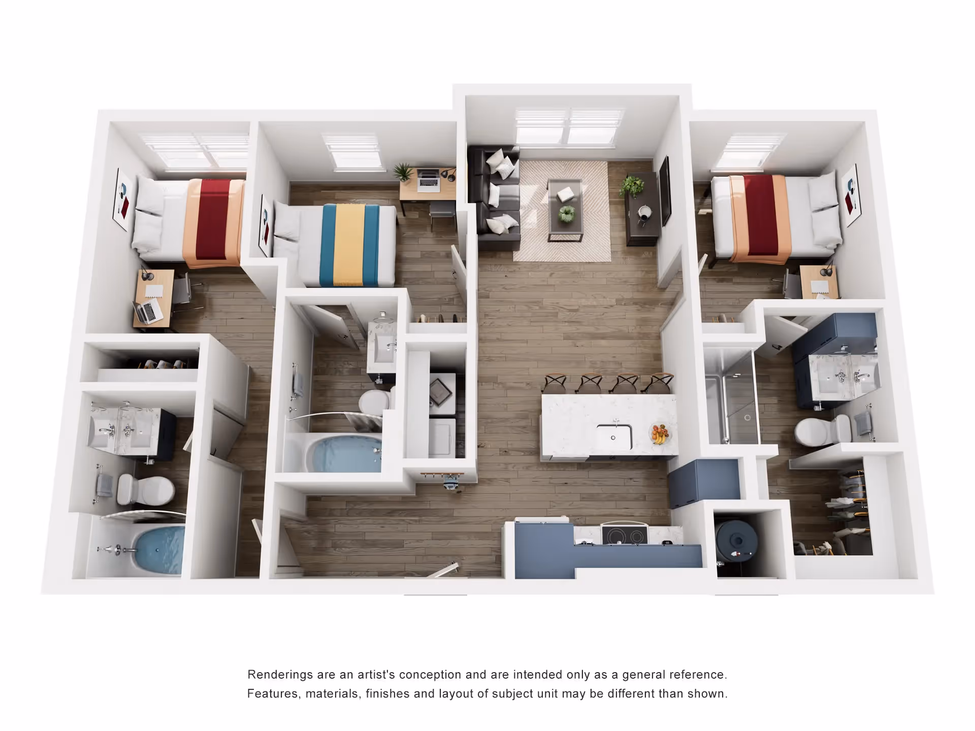 Floor plan of a furnished 3-bedroom, 3-bathroom apartment, C1, at Global College Station in College Station, TX, ideal for student roommates.