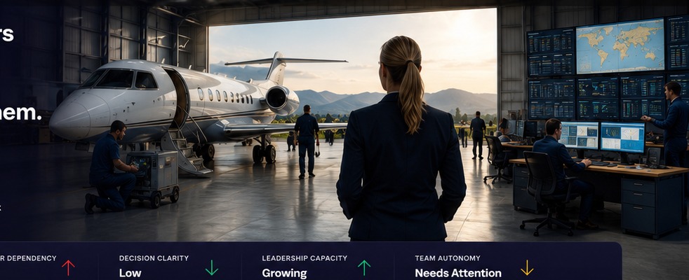 A female aviation founder standing in a hangar beside a business aircraft