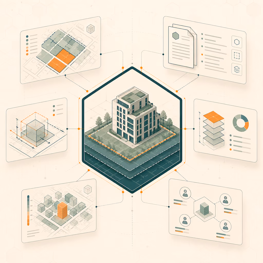 Datenfluss von DataHives Baupotenzial-Datensätzen in LUUCYs 3D-Planungsansichten für Gemeinden.
