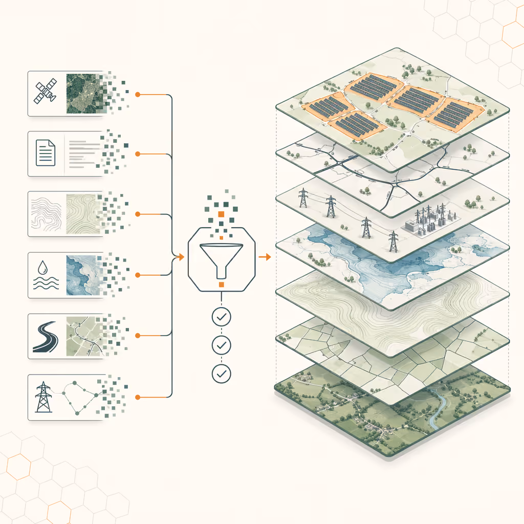 Diagramm eines automatisierten Solar-Standortscreenings von der Datenextraktion bis zur GIS-Visualisierung.