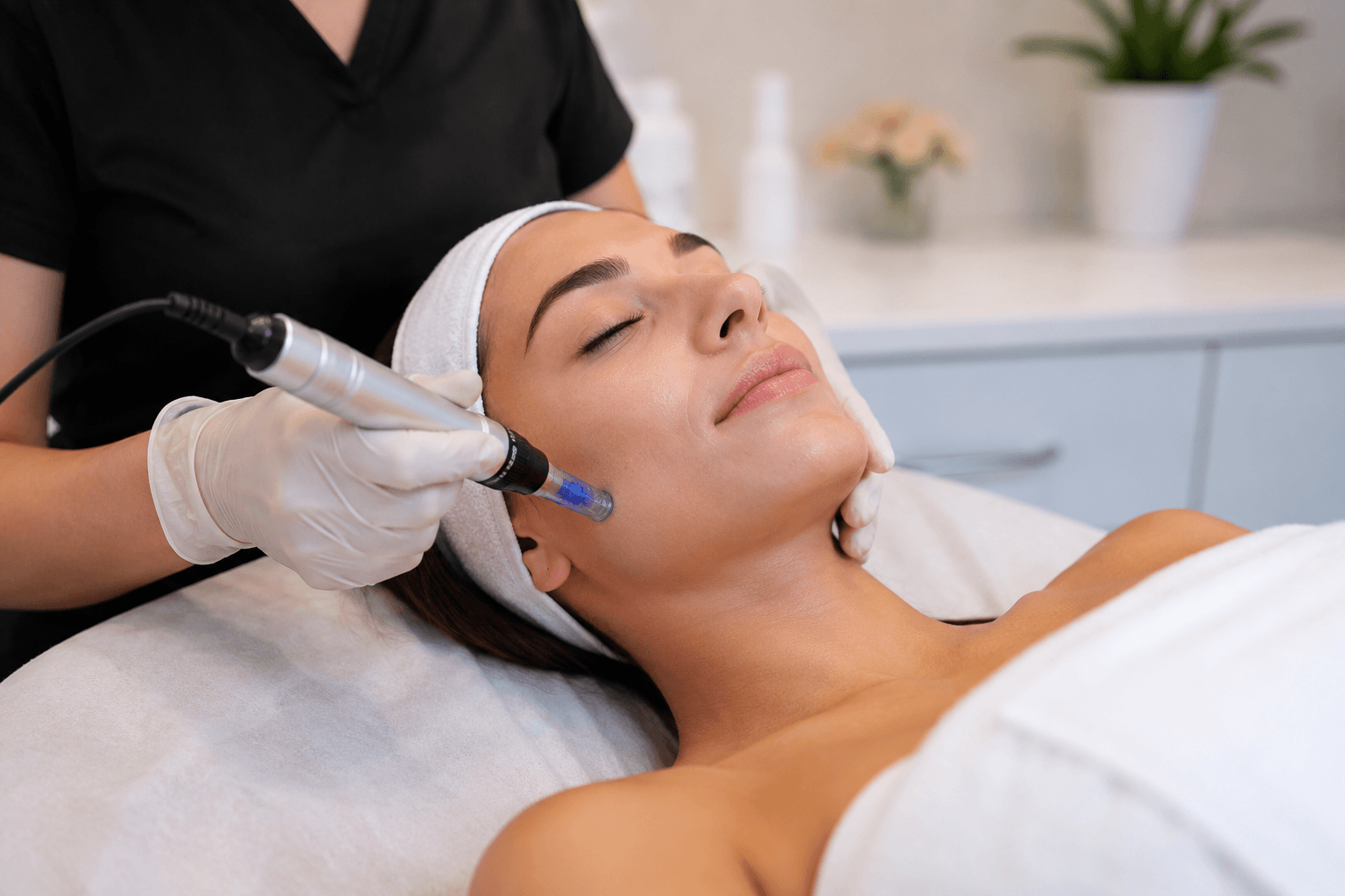Patient receiving microneedling treatment in Costa Mesa, California for smoother and firmer skin