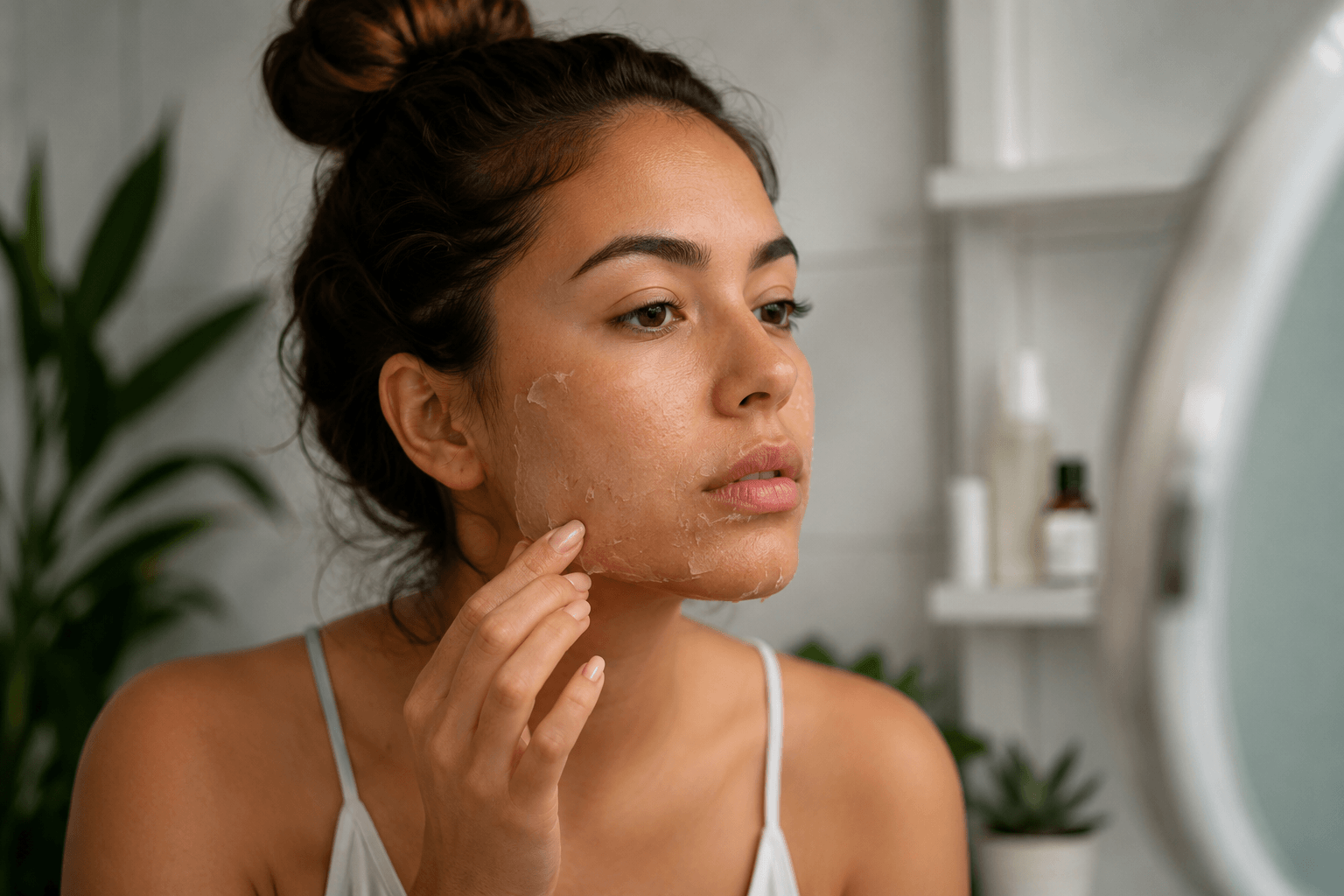 Patient experiencing normal skin peeling after a VI Peel treatment while following proper post-treatment skincare in Cerritos, California.