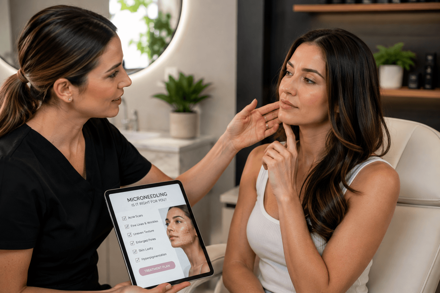 Client consultation for microneedling treatment options at a med spa in Cerritos, California