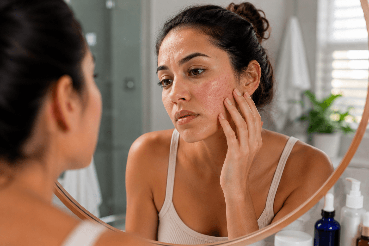 Woman applying gentle skincare product as part of microneedling aftercare routine in Cerritos, California