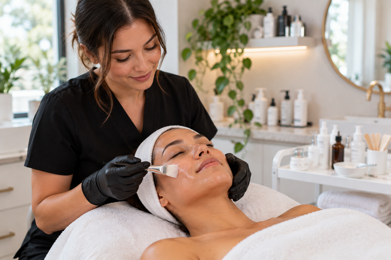 Licensed esthetician performing a facial treatment on a client at a med spa in Costa Mesa, California