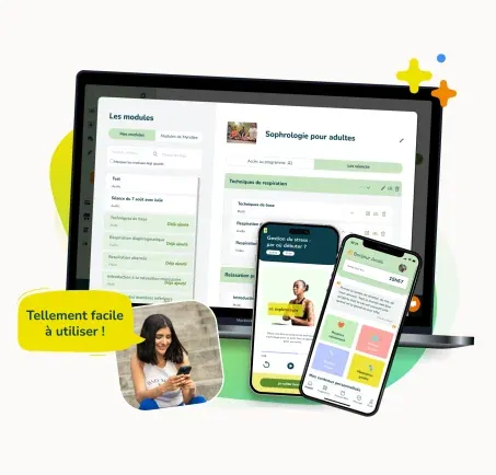 Interface d'un logiciel et application pour thérapeutes et coachs bien-être, montrant un tableau de bord intuitif et des modules de sophrologie sur ordinateur et mobile.