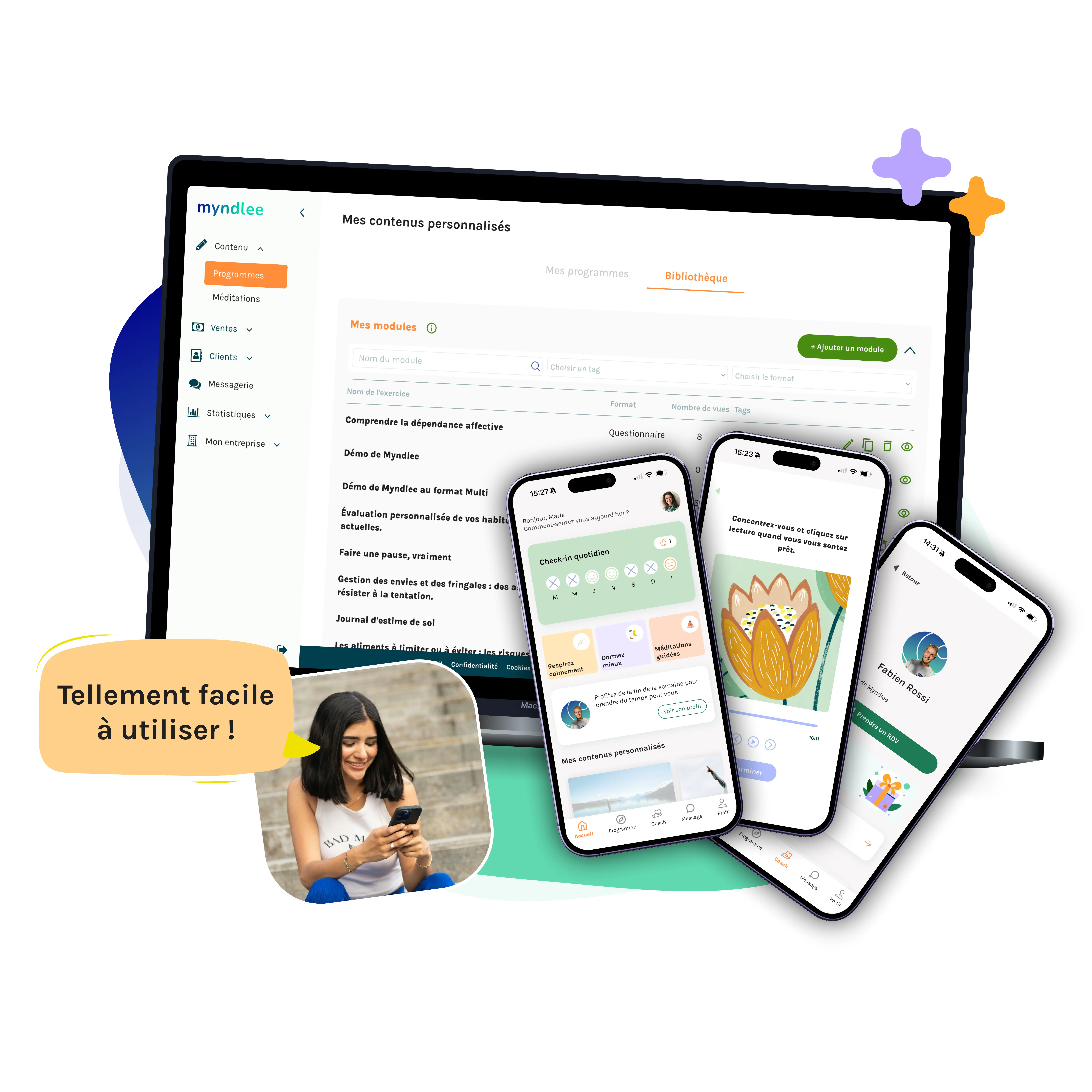 Interface d'un logiciel et application pour thérapeutes et coachs bien-être, montrant un tableau de bord intuitif et des modules de sophrologie sur ordinateur et mobile.