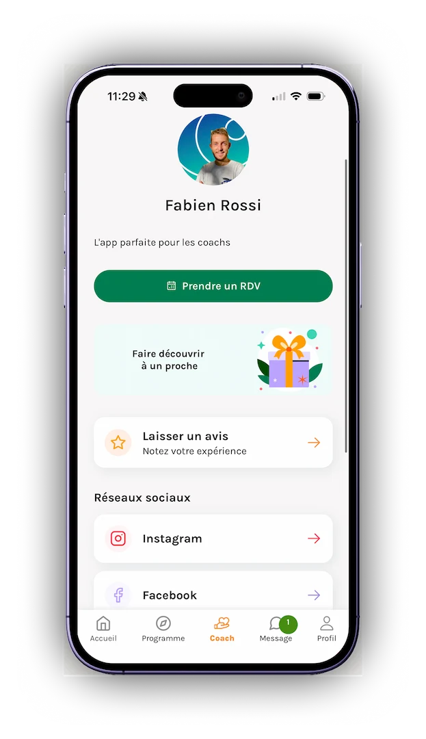 "Interface mobile colorée pour thérapeutes bien-être, offrant du contenu exclusif. L'app favorise l'engagement des utilisateurs et permet aux coachs de générer des revenus passifs.