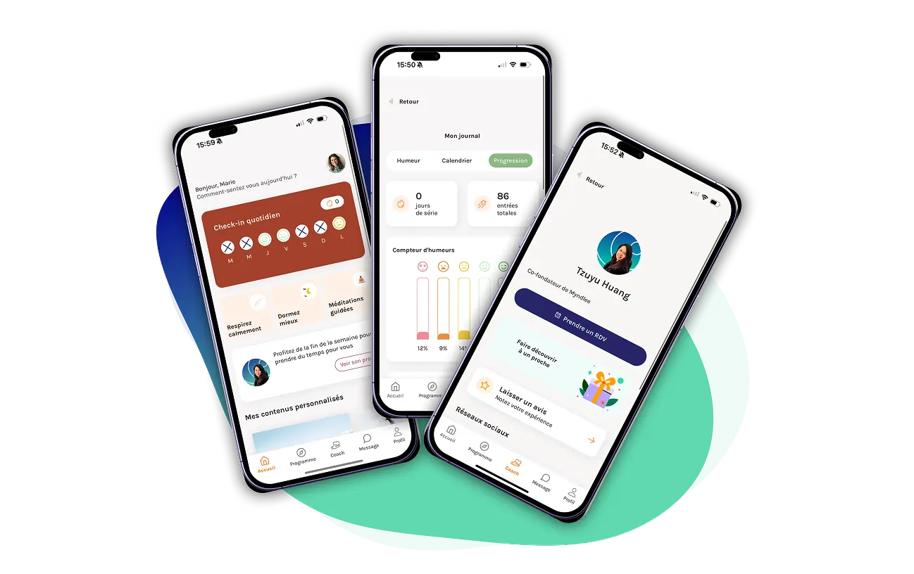 Interface d'un logiciel et application pour thérapeutes et coachs bien-être, montrant un tableau de bord intuitif et des modules de sophrologie sur ordinateur et mobile.
