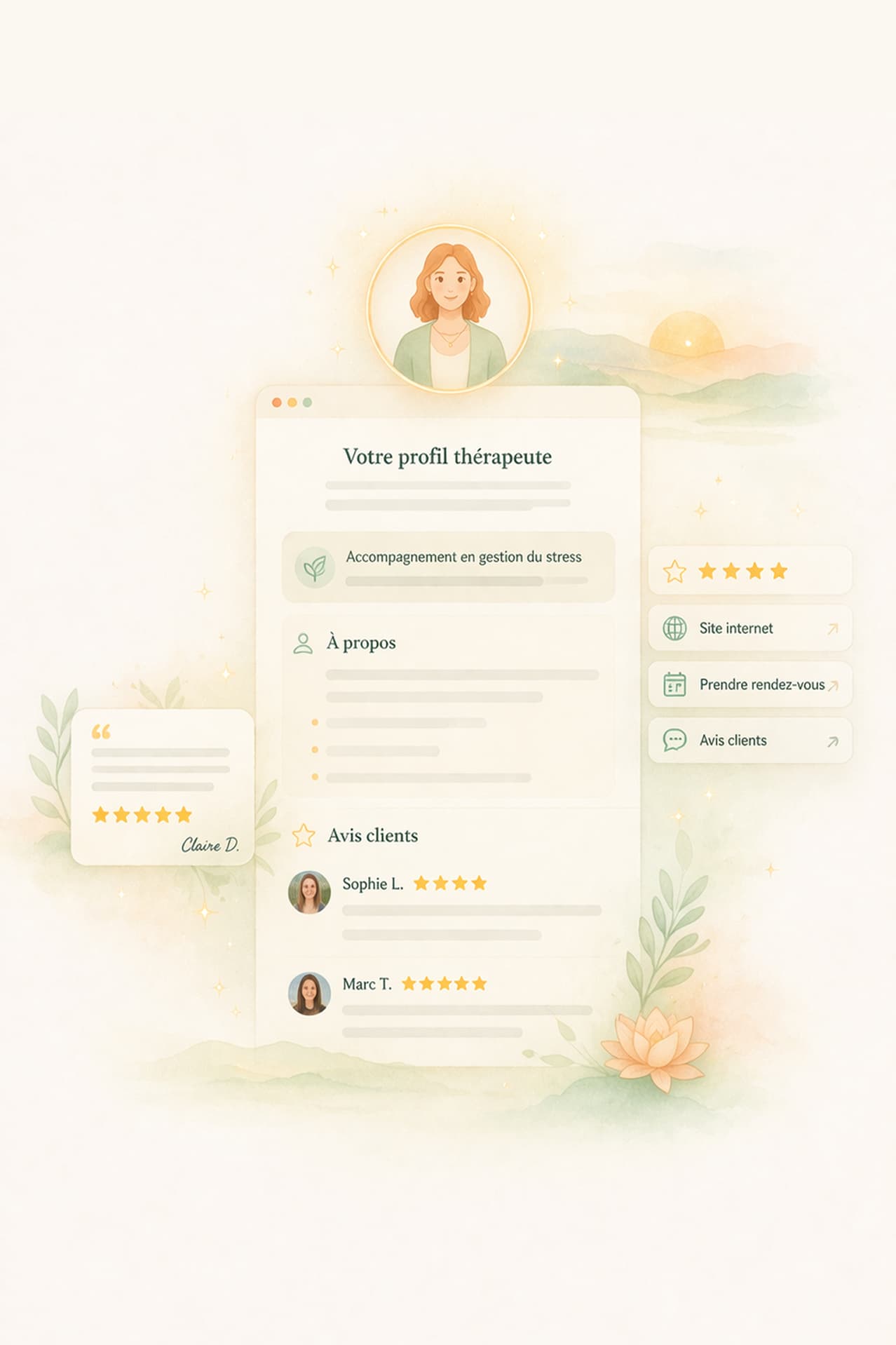 Coach bien-être créant un programme en ligne via une plateforme intuitive, avec modules personnalisés et relaxation dynamique.