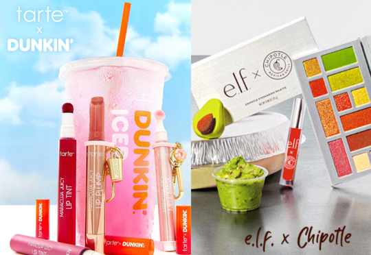 Ad images from Tarte x Dunkin and e.l.f. x Chipotle featuring food prominently with products