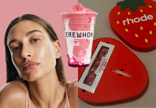 An image of Hailey Beiber next to her signature Erewhon smoothie, an image of rhode's peptide lip treatment in strawberry glaze packaged with Krispy Kreme donuts