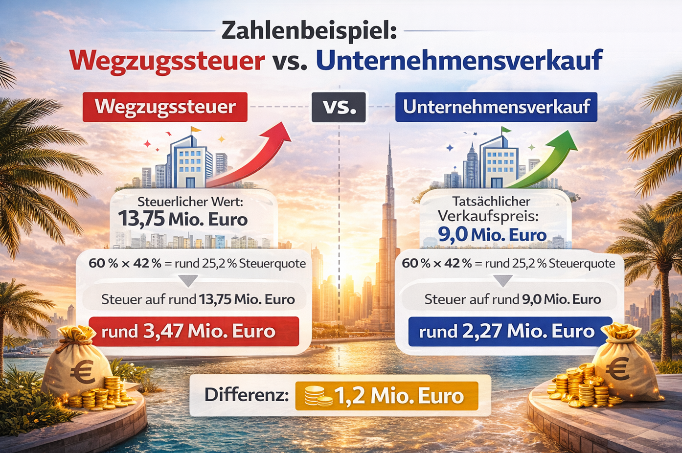 Besteuerungsgrundlage bei Wegzugssteuer vs. Unternehmensverkauf