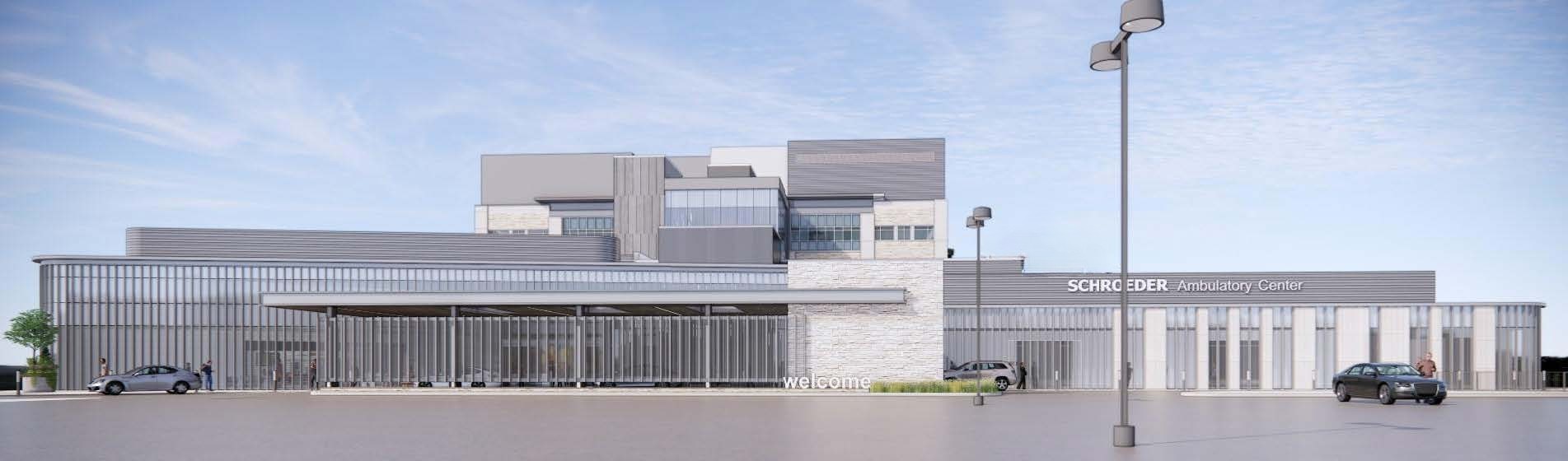 A rendering of a building with cars parked in front of it.