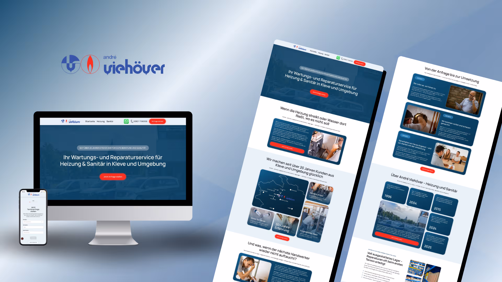Website-Designs auf Desktop- und Mobilgeräten für den Wartungs- und Reparaturservice von Heizung und Sanitär in Kleve mit Logo von André Viehöver.