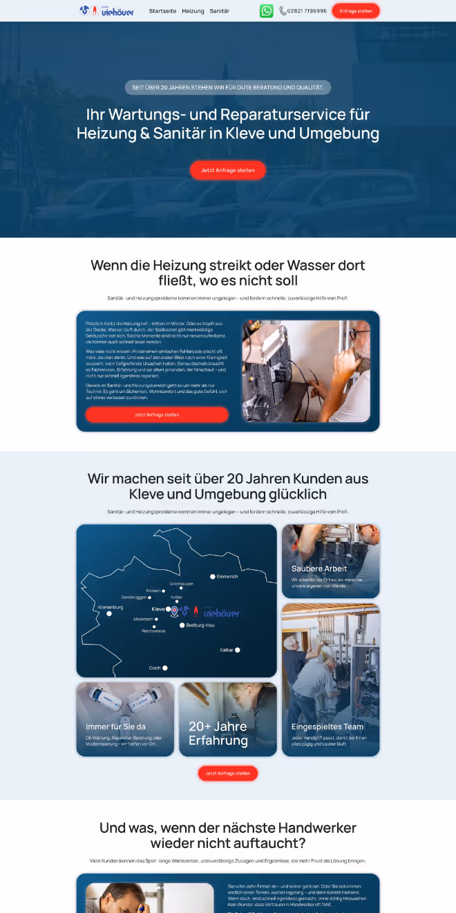 Webseite mit Serviceangebot für Wartung und Reparatur von Heizung und Sanitär in Kleve, inklusive Kundenreferenzen, Karte der Region und Teampräsentation.