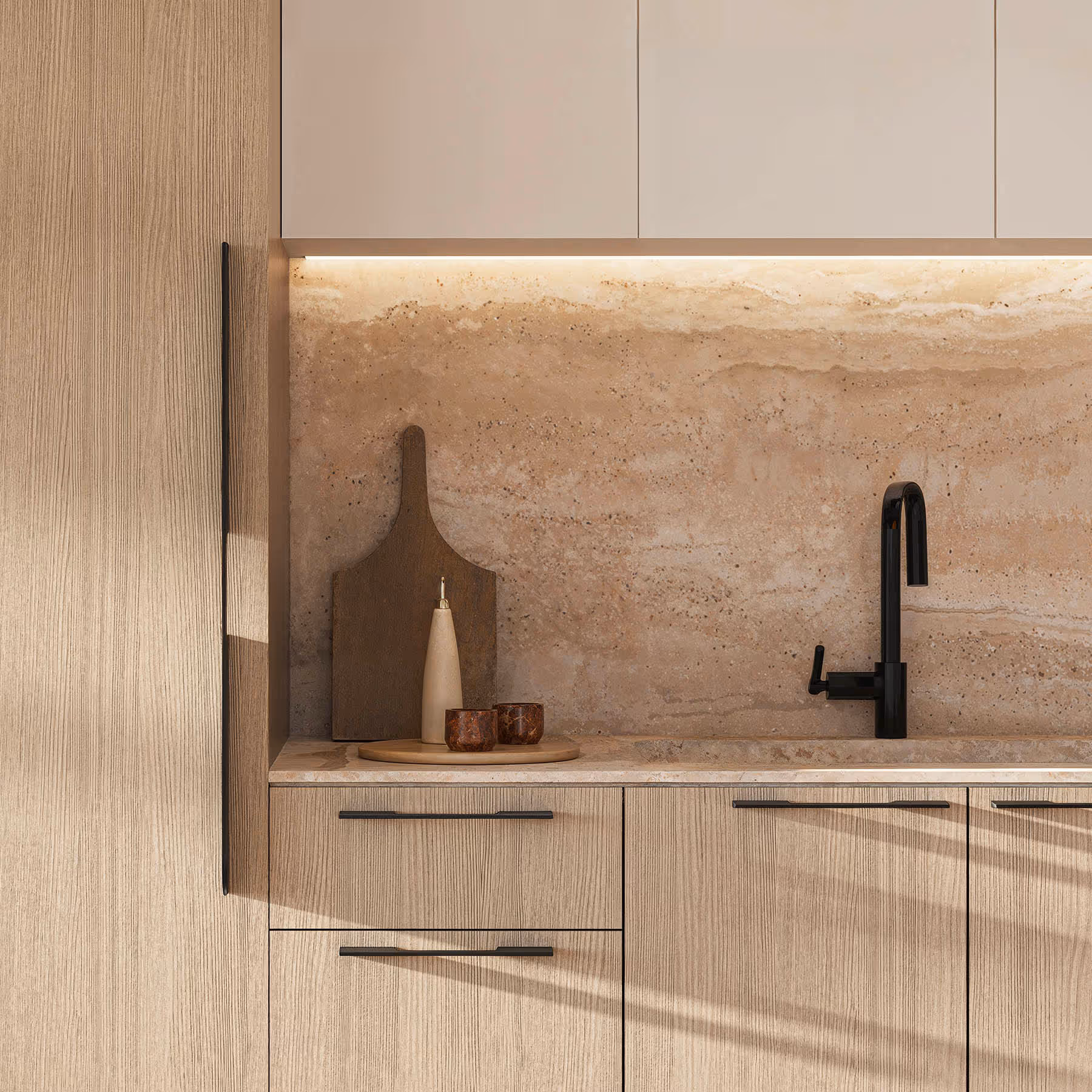 Close up rendering of kitchen counter, cabinets, wall finishes and sink