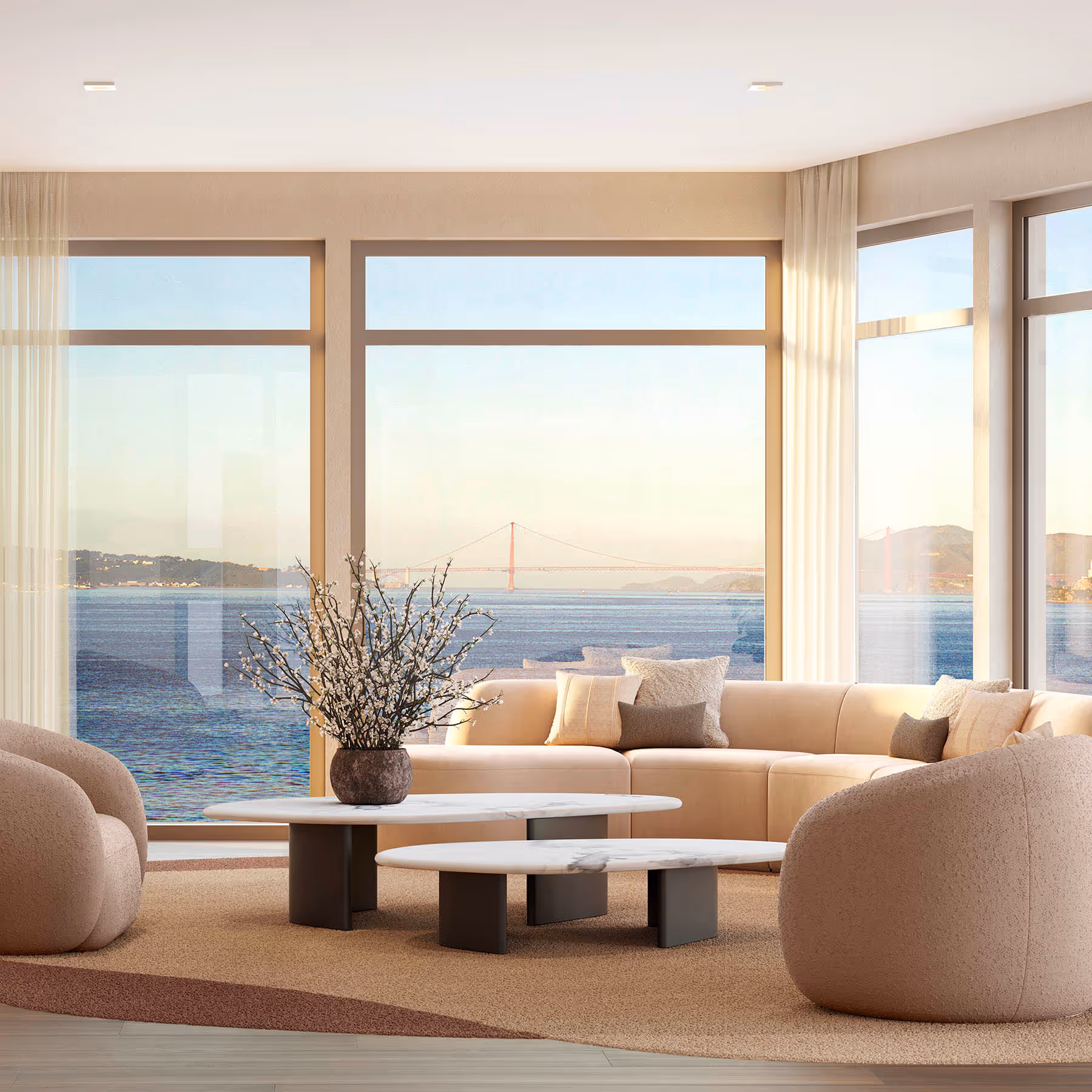 Rendering of interior unit living room with couch and coffee table with large windows with views over water with bridge in background