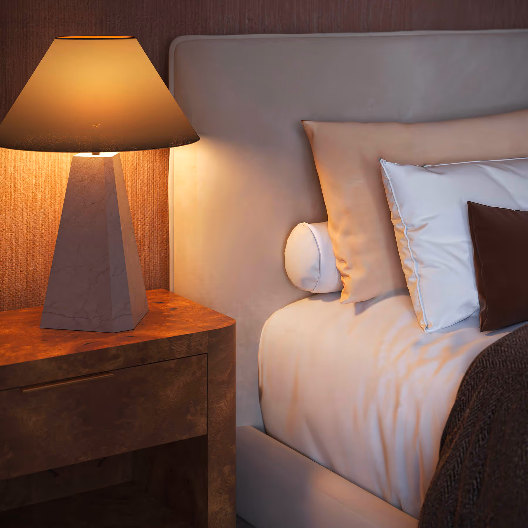 Close up rendering of interior unit bedroom nightstand with lamp and bed next to it