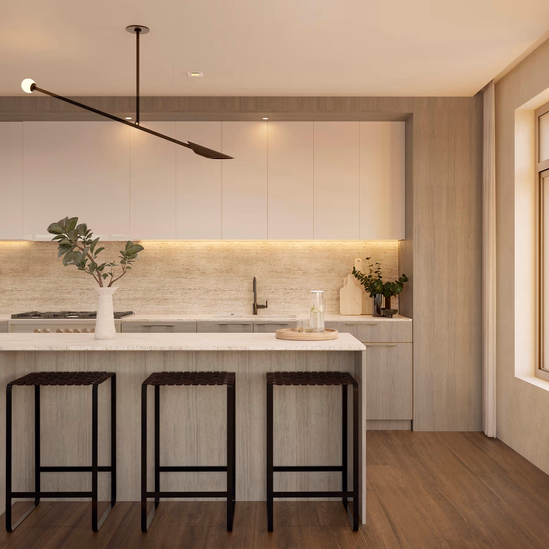 Rendering of interior unit kitchen with island and chairs