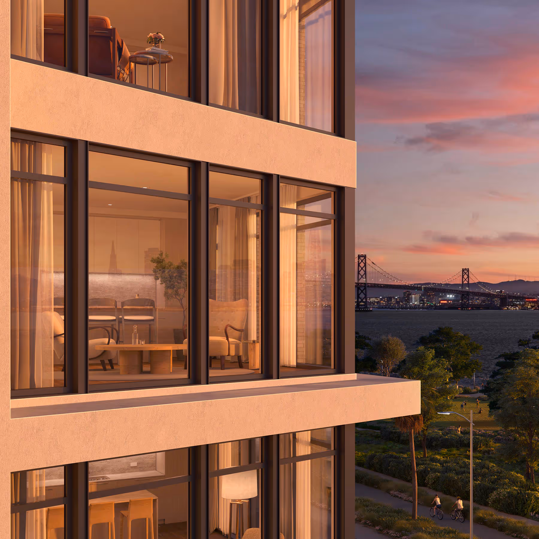 Exterior birdseye rendering of 490 Avenue of the Palms with sunset and San Francisco city sk