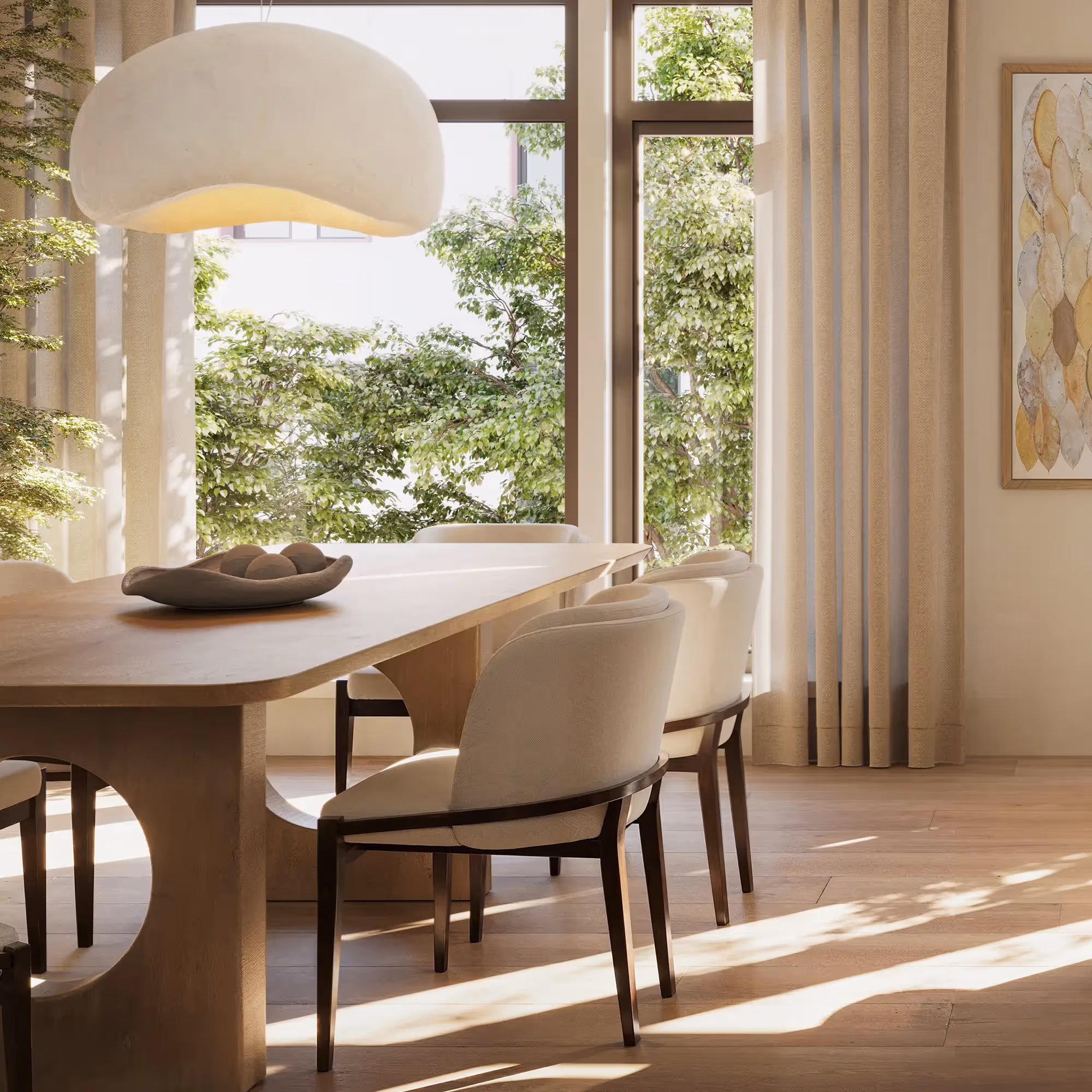 Close up rendering of interior unit dining room with dining table and chairs and window in background