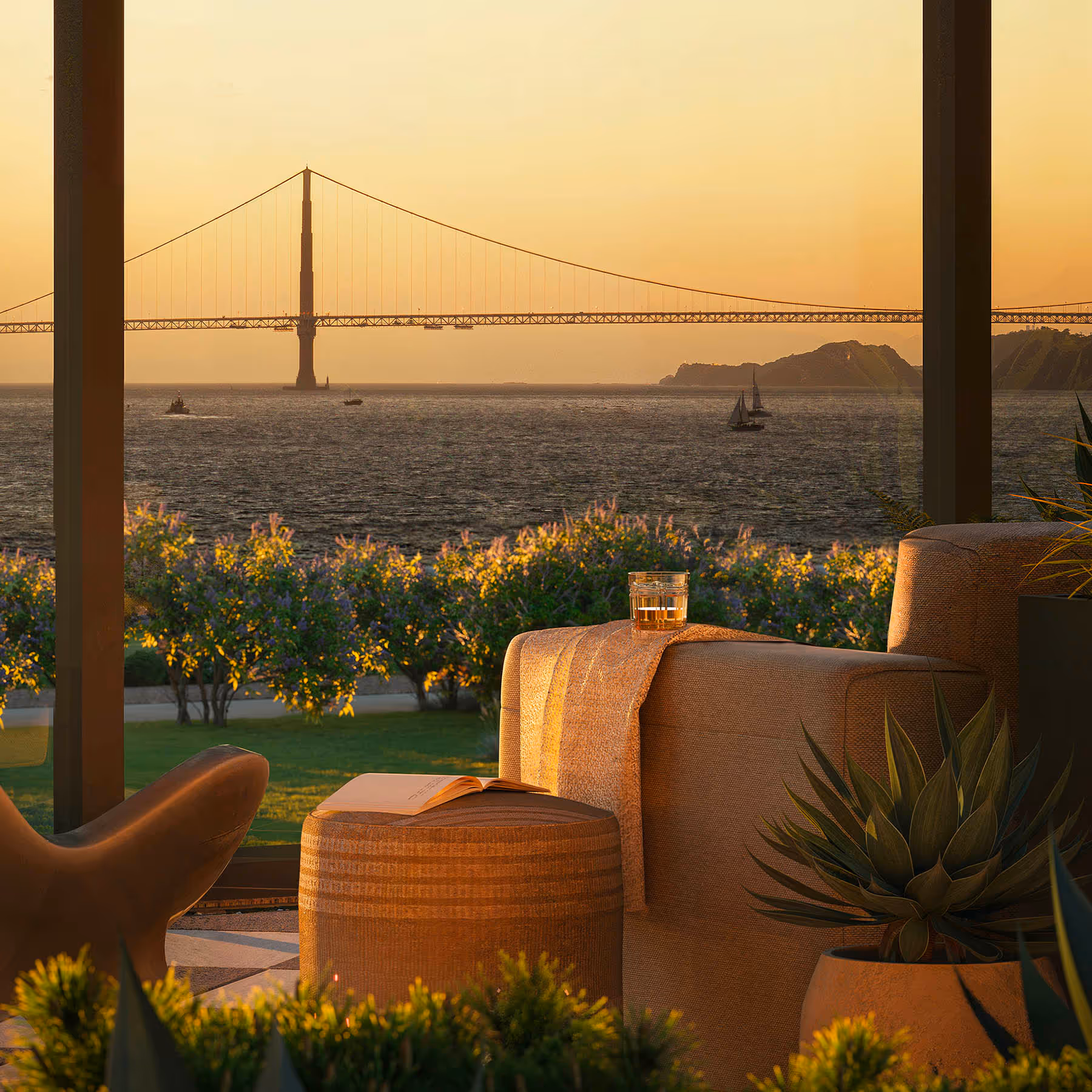 Rendering of outdoor amenity space with seating facing view of water and bridge in background