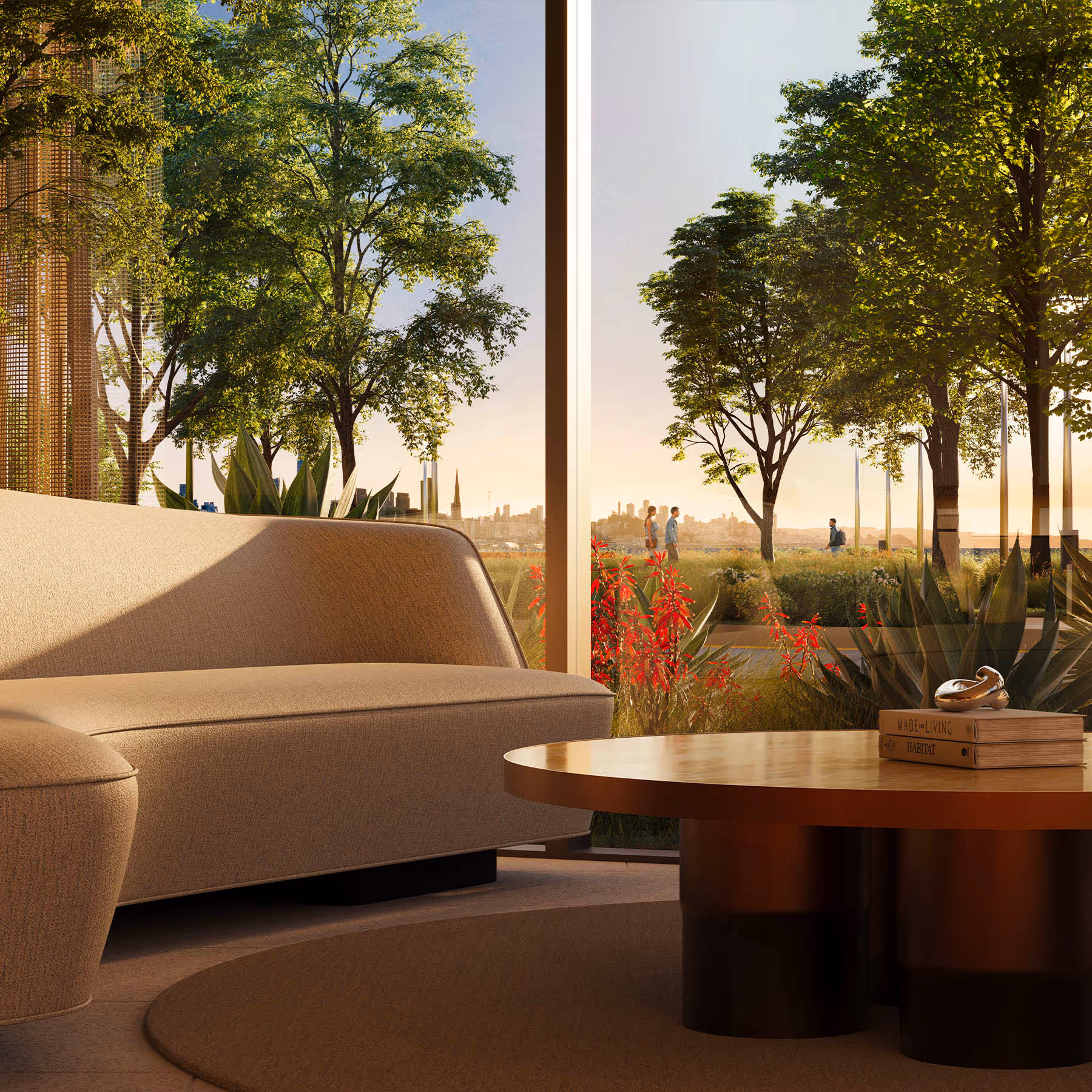 Rendering of interior amenity space with couch and table with a view of the outdoor pathway with people walking