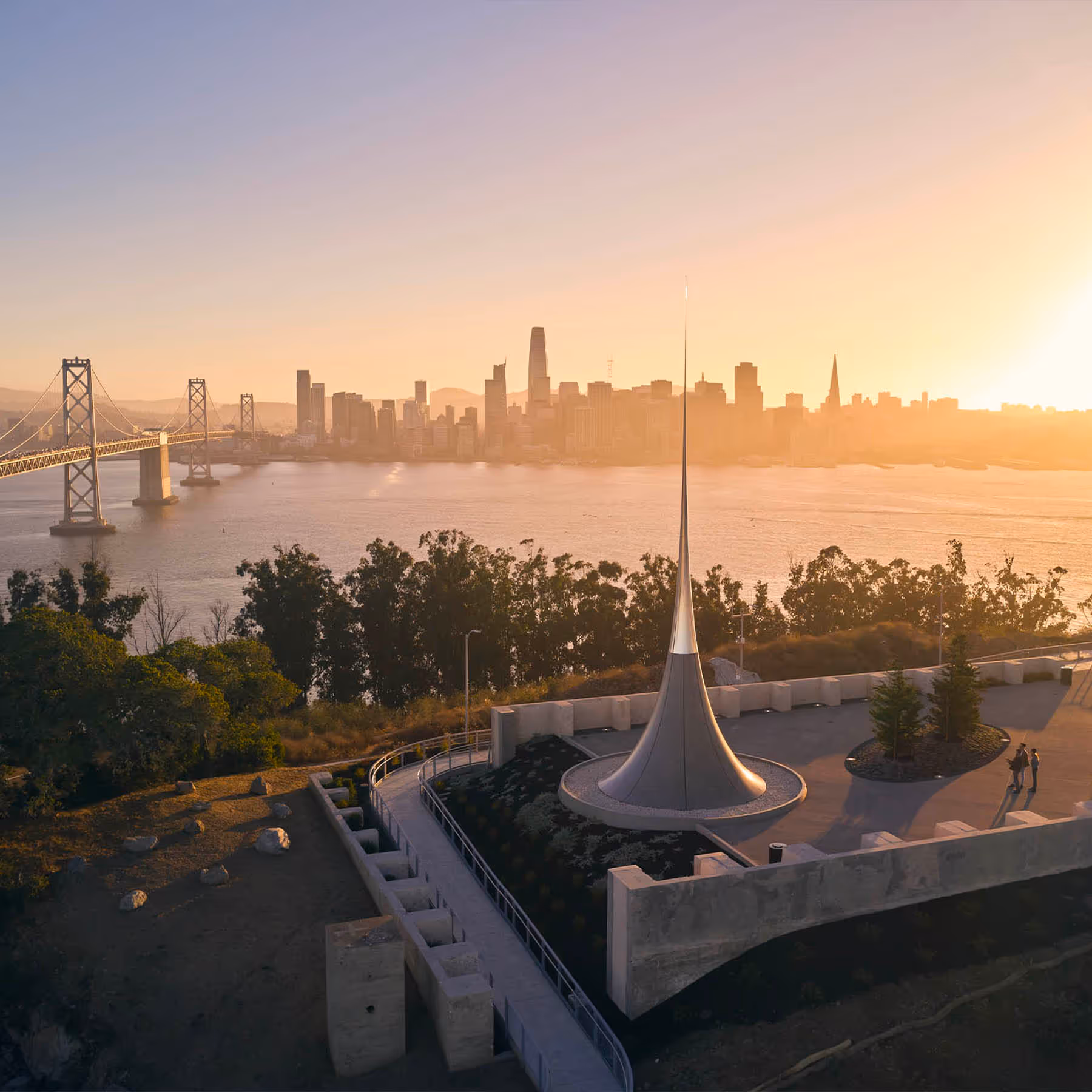 Birdseye view over Panorama Park with water and San Francisco skyline in background