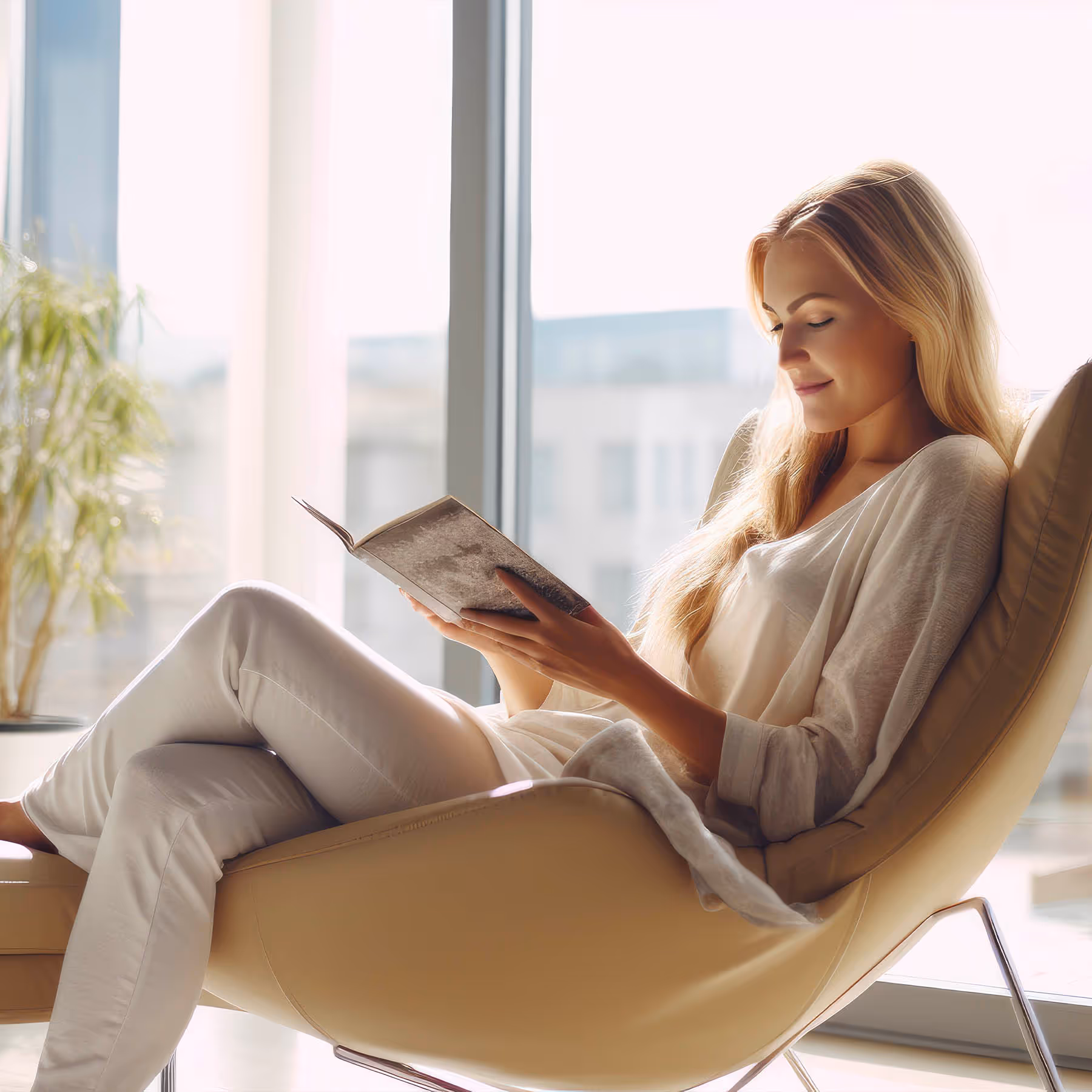image of female in interior unit space reading in a loveseat near a window