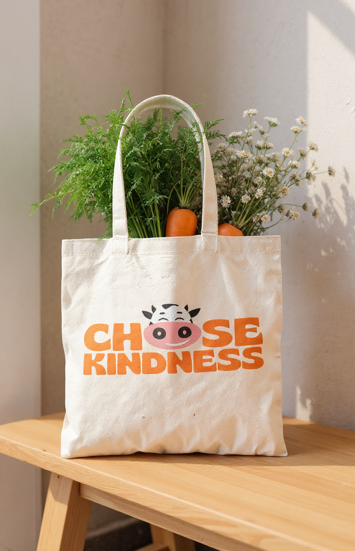 Befriend Cows tote bag printed with “Choose Kindness” and a cow illustration, filled with carrots and flowers on a wooden table.