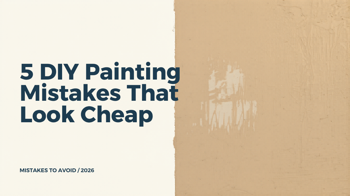 Editorial graphic on diy painting mistakes showing a roller leaving streaks beside a clean, evenly painted wall.