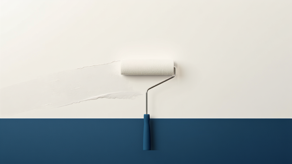 How to paint a ceiling without a mess — roller and edge line on a bright white ceiling