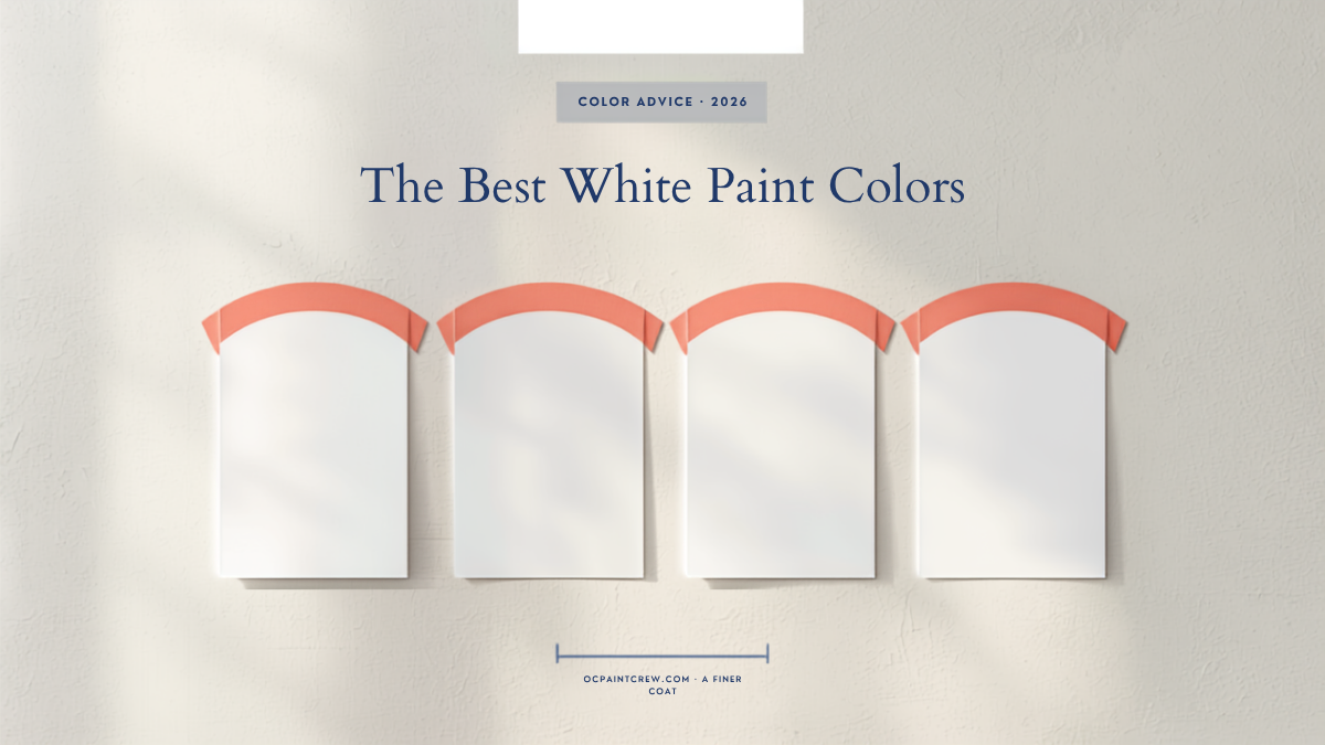 Swatches of the best white paint colors on a sunlit Orange County living room wall
