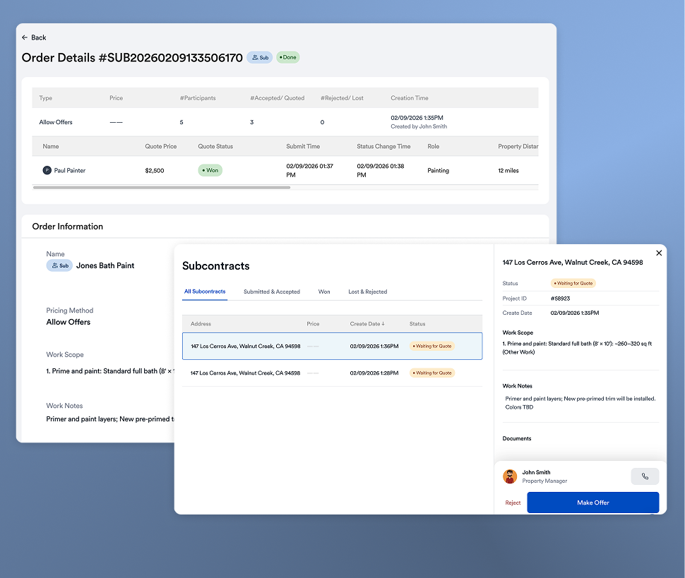 Subcontractor bid management in general contractor software, requesting multiple bids from a network
